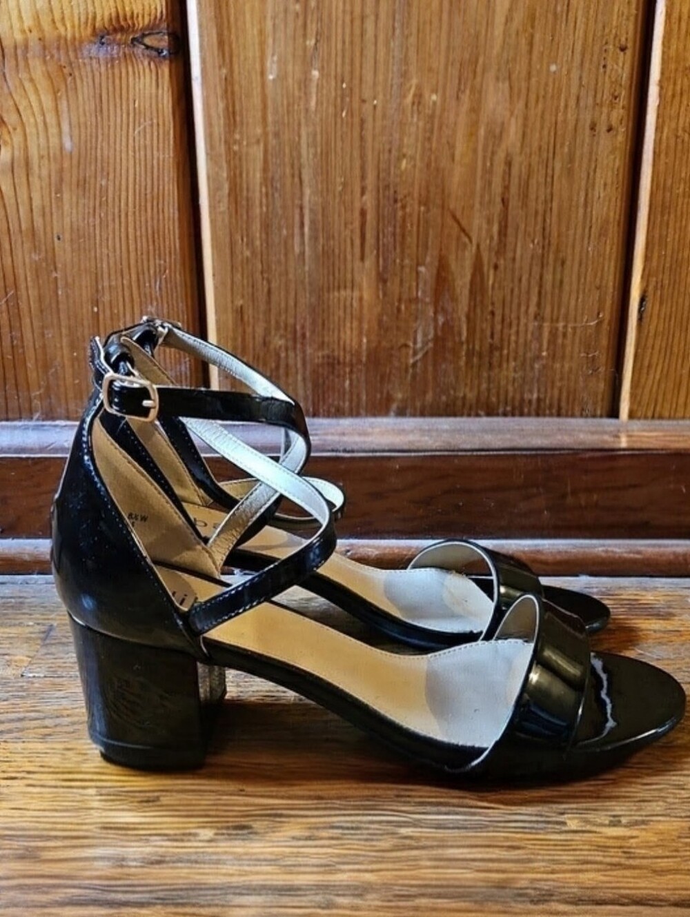 Diba Black Patent Crisscross Block Heel Sandals